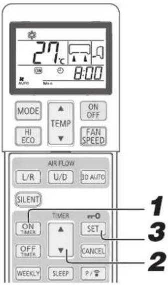 27°C ON 8:00 AUTO Min MODE ▲ TEMP ON OFF HI ECO ▼ FAN SPEED AIR FLOW L/R U/D 3D AUTO SILENT ON TIMER ▲ SET OFF TIMER ▼ CANCEL WEEKLY SLEEP P / 1 3 2