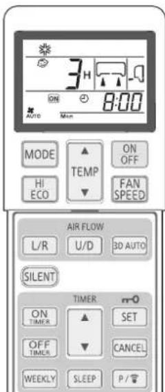 3H ON 8:00 AUTO Mode TEMP HI ECO ON OFF FAN SPEED AIR FLOW L/R U/D 3D AUTO SILENT TIMER ON TIMER SET OFF TIMER CANCEL WEEKLY SLEEP P/ ℃