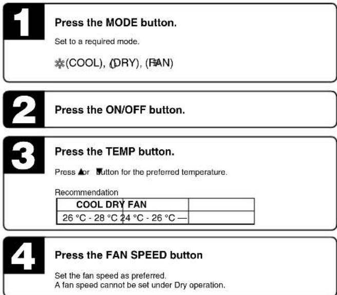 1 Press the MODE button. Set to a required mode. *(COOL), (DRY), (FAN) 2 Press the ON/OFF button. 3 Press the TEMP button. Press ▲ or ▶ Button for the preferred temperature. Recommendation COOL DRY FAN 26 °C - 28 °C 24 °C - 26 °C — 4 Press the FAN SPEED button Set the fan speed as preferred. A fan speed cannot be set under Dry operation.