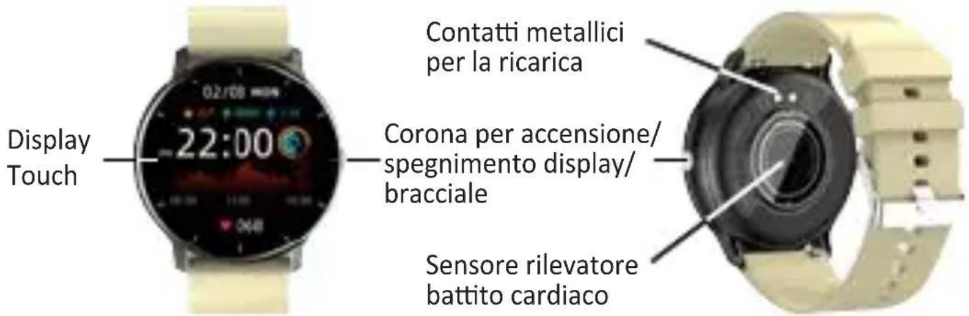 Display Touch 22:00 Contatti metallici per la ricarica Corona per accensione/ spegnimento display/ bracciale Sensore rilevatore battito cardiaco