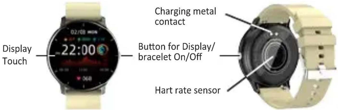 Display Touch 22:00 Charging metal contact Button for Display/ bracelet On/Off Hart rate sensor