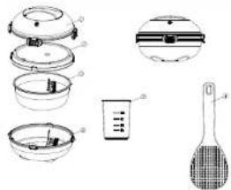 Exploded view diagram of kitchenware including a lid, bowl, measuring cup, and a ladle with mesh texture