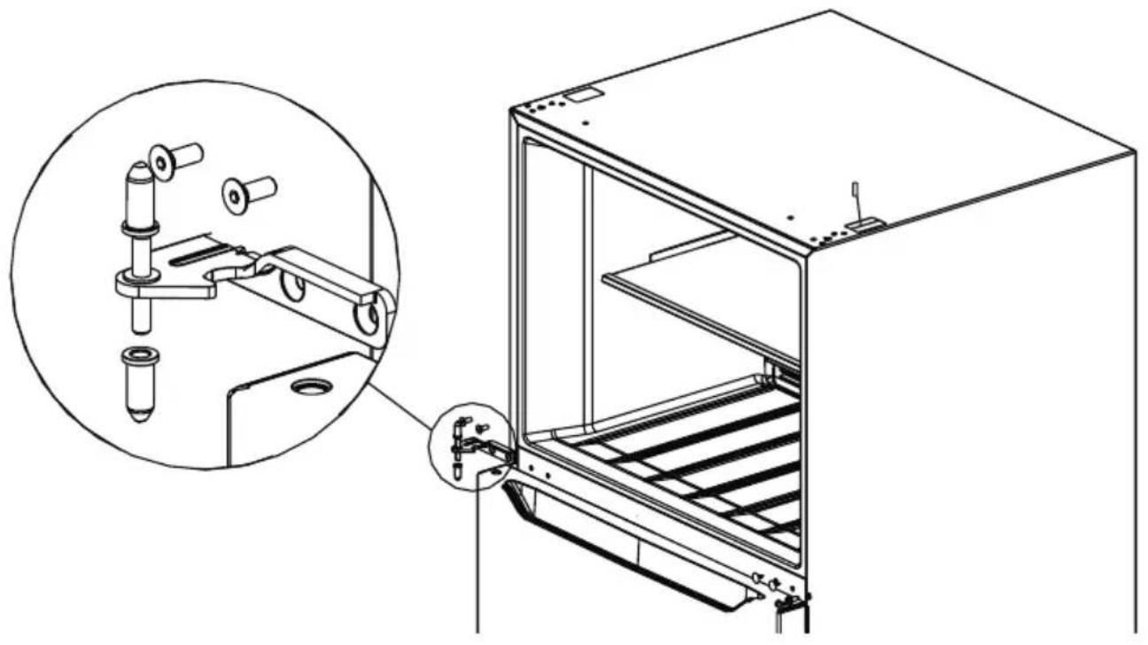 Technical line drawing of a refrigerator interior with an inset showing mechanical components (no text or symbols)