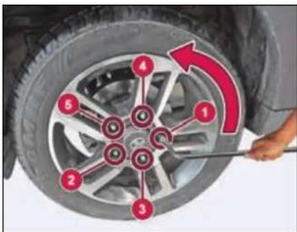 Diagram showing car tire components with numbered labels and a red arrow indicating rotation or repair motion
