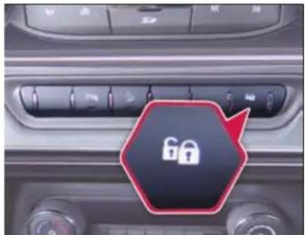 Car infotainment panel with lock icons and a red hexagonal annotation highlighting the lock symbol