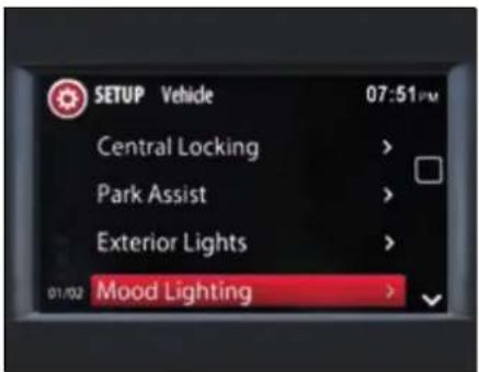 SETUP Vehicle 07:51PM Central Locking > Park Assist > Exterior Lights > 01/02 Mood Lighting >