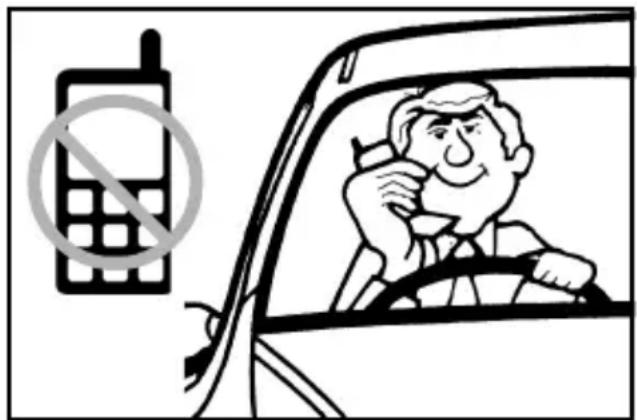 Cartoon illustration showing a man inside a car with a 'no phone' symbol, likely indicating no phone use or no usage.