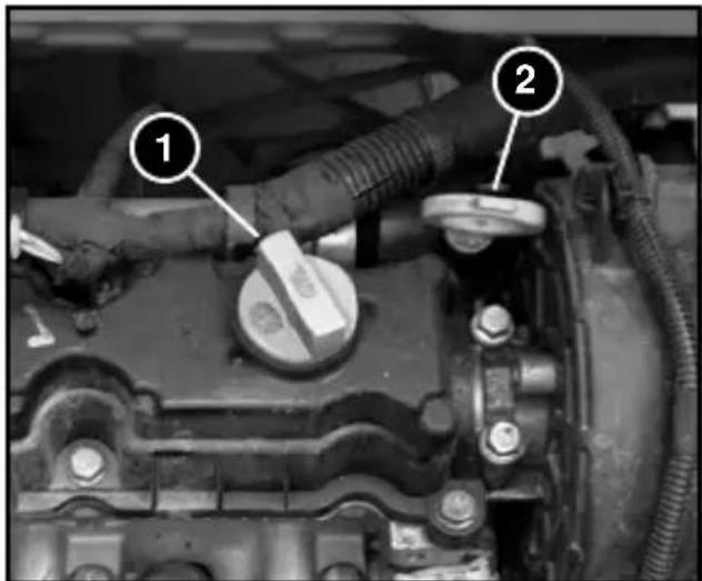 Close-up of a car engine bay with numbered annotations pointing to components
