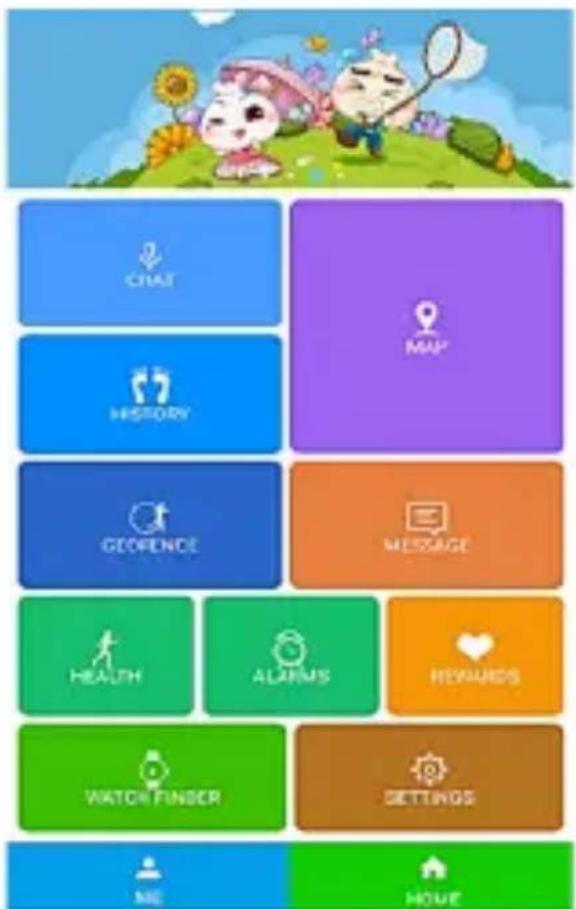 CHAT HISTORY GEOPENCE MESSAGE HEALTH ALARMS REWARDS WATCH FINGER SETTINGS ME HOME