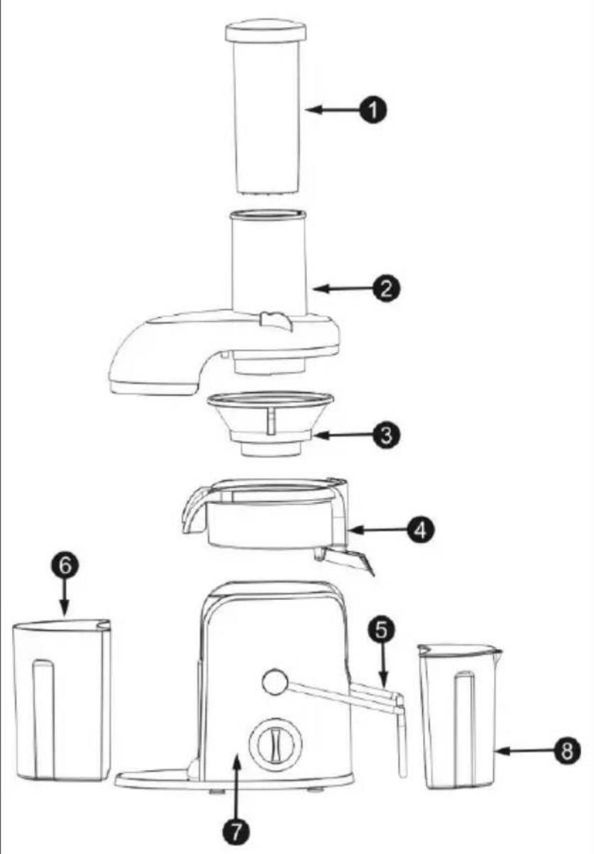 Exploded diagram of a food blender with numbered parts for identification