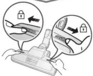 Diagram illustrating hand positioning of a vacuum cleaner with lock icons and directional arrows indicating movement or positioning.