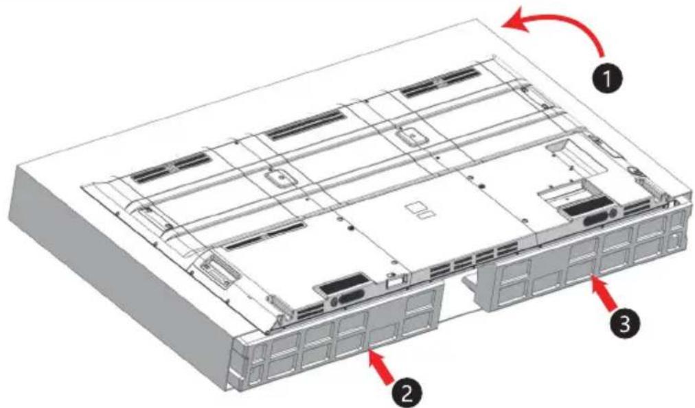 Technical diagram of a server rack with numbered components and red directional arrows indicating motion or assembly.
