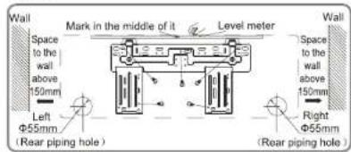 Wall Mark in the middle of it Level meter Wall Space to the wall above 150mm Left Φ55mm (Rear piping hole) Right Φ55mm (Rear piping hole)