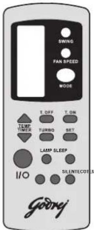 SWING FAN SPEED MODE TEMP TIMER T. OFF T. ON TURBO SET LAMP SLEEP I/O SILENTECOTEM Godrej