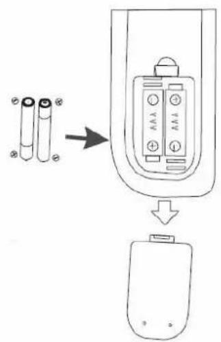 Diagram showing the process of inserting batteries into a remote control panel, with an arrow indicating the transformation.