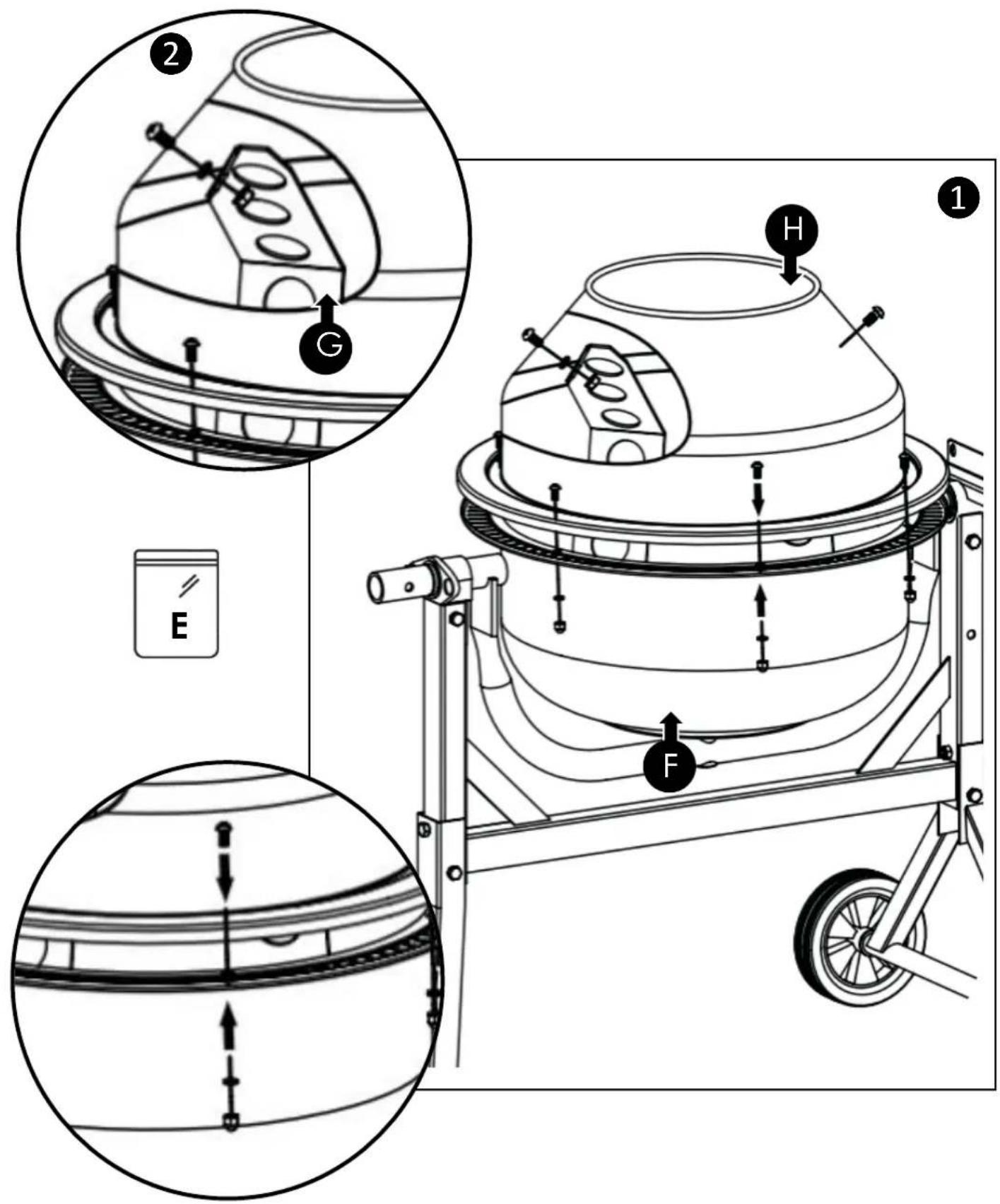 Technical diagram of a mechanical device with labeled parts and cross-sectional views, including E, F, G, and H annotations.