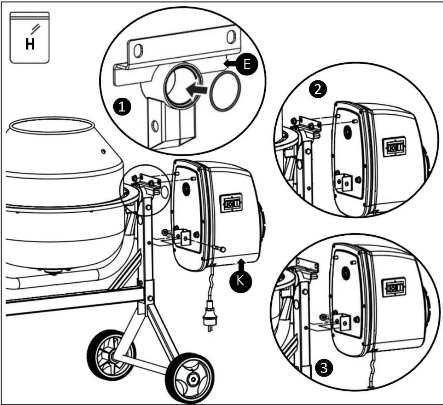 Technical diagram showing exploded views of a motor cab with labeled components and assembly steps