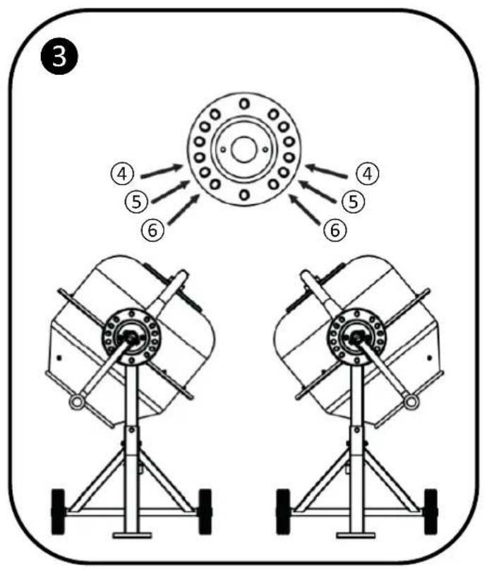 Technical diagram showing two identical mechanical components with numbered directional arrows pointing to a central circular component.