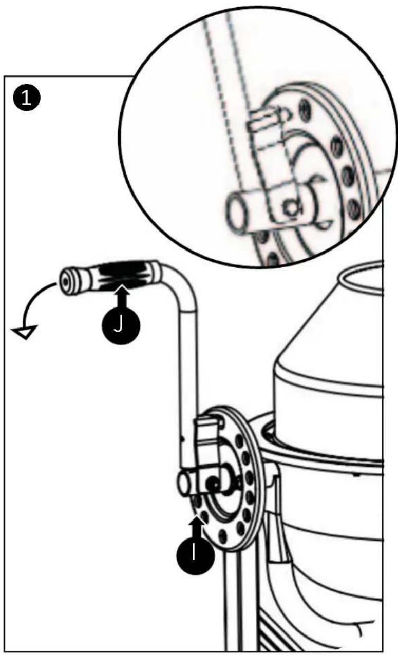 Technical diagram showing mechanical assembly with labeled parts and a magnified detail view of a pipe fitting component.