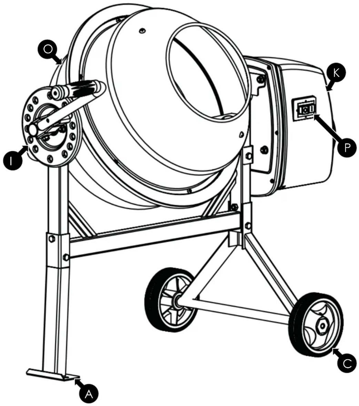 Technical diagram of a mechanical device with labeled parts including wheels, wheels, and control buttons