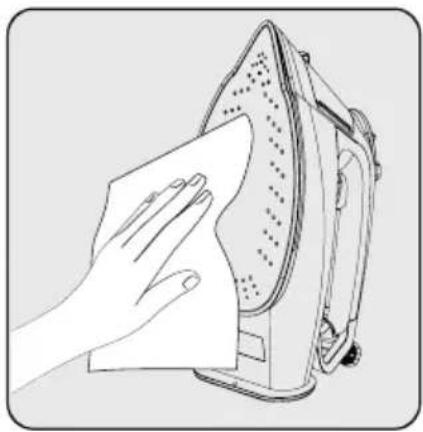 Line drawing of a hand cleaning a iron (£) with a cloth (no text or symbols)