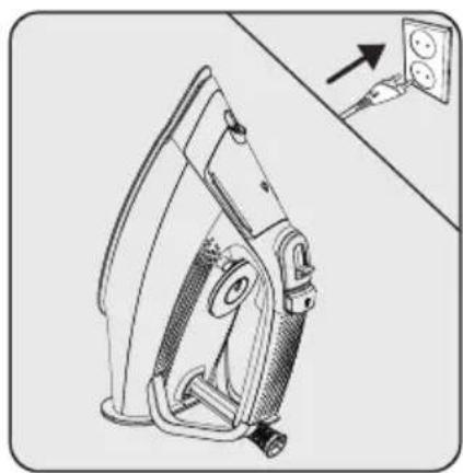 Technical line drawing of a mechanical device with an arrow pointing to a wall socket (no text or symbols present)