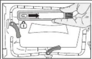 Diagram showing a hand holding a tool with an arrow and lock, surrounded by mechanical components and a document-like form.