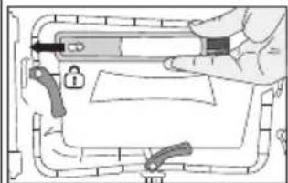 Diagram showing a hand holding a device with a lock and switch, illustrating a mechanical or electrical process.