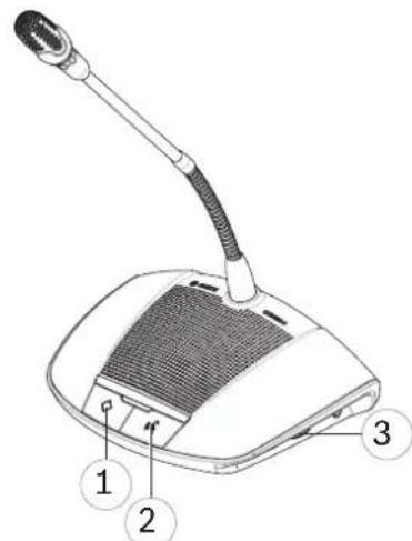 Diagram of a desktop microphone with labeled parts including a speaker, microphone, and base