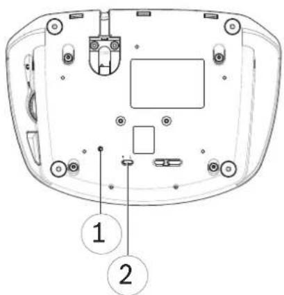 Technical diagram of a device rear panel with labeled components and numbered parts