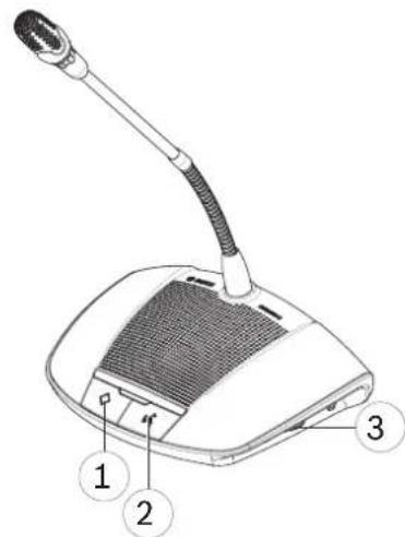 Diagram of a desktop microphone with labeled parts including a speaker, microphone, and base port