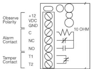 Observe Polarity +12 VDC GND C NC NO Tamper Contact T1 T2 10 OHM