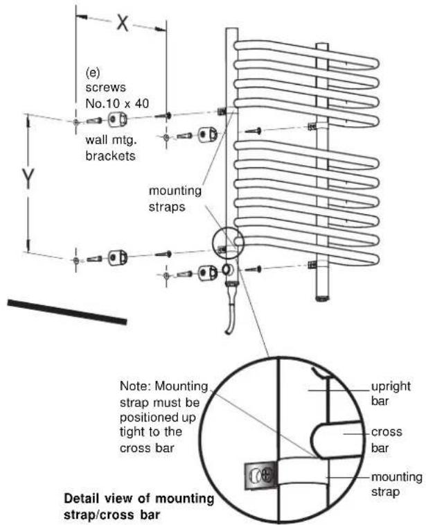 (e) screws No.10 x 40 wall mtg. brackets mounting straps Y X Note: Mounting strap must be positioned up tight to the cross bar upright bar cross bar mounting strap Detail view of mounting strap/cross bar