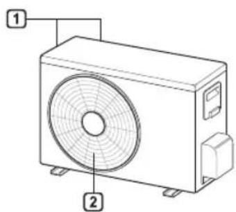 Technical diagram of an air conditioner unit with labeled parts 1 and 2