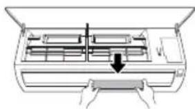 Diagram of a hand inserting a component into an air conditioner unit (no text or symbols visible)