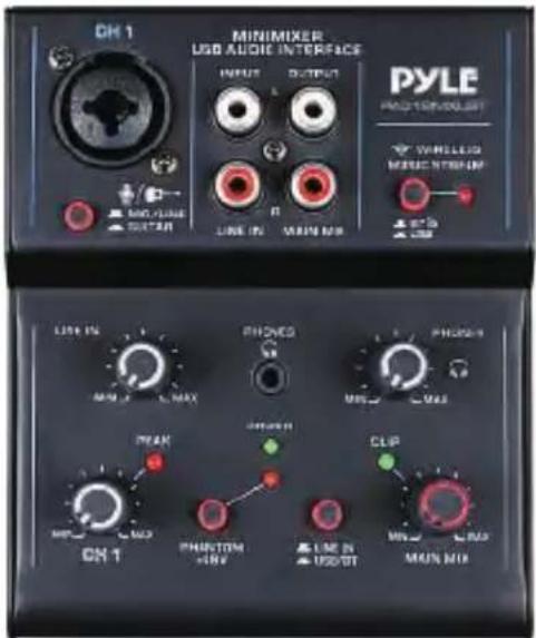 OH 1 MINIMIXER USB AUDIO INTERFACE INPUT OUTPUT PYLE PABLES WIRELESS MUSIC STREAM LINE IN MAIN MIX LINK IN AMOUNT MAX PHONES MODE PHONES MAX PRAK PHANTOM MINI CLIP MINI MAX OH 1 PHANTOM MINI LINE IN USB/INT MAIN MIX
