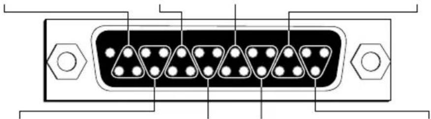 Diagram of a 16-pin D-sub connector with hexagonal pins and mounting holes (no text or labels)