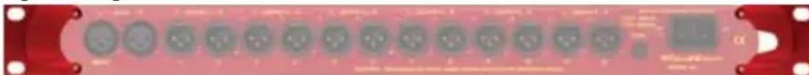 Front panel of a red electronic device with multiple ports and connectors (no visible text or symbols)