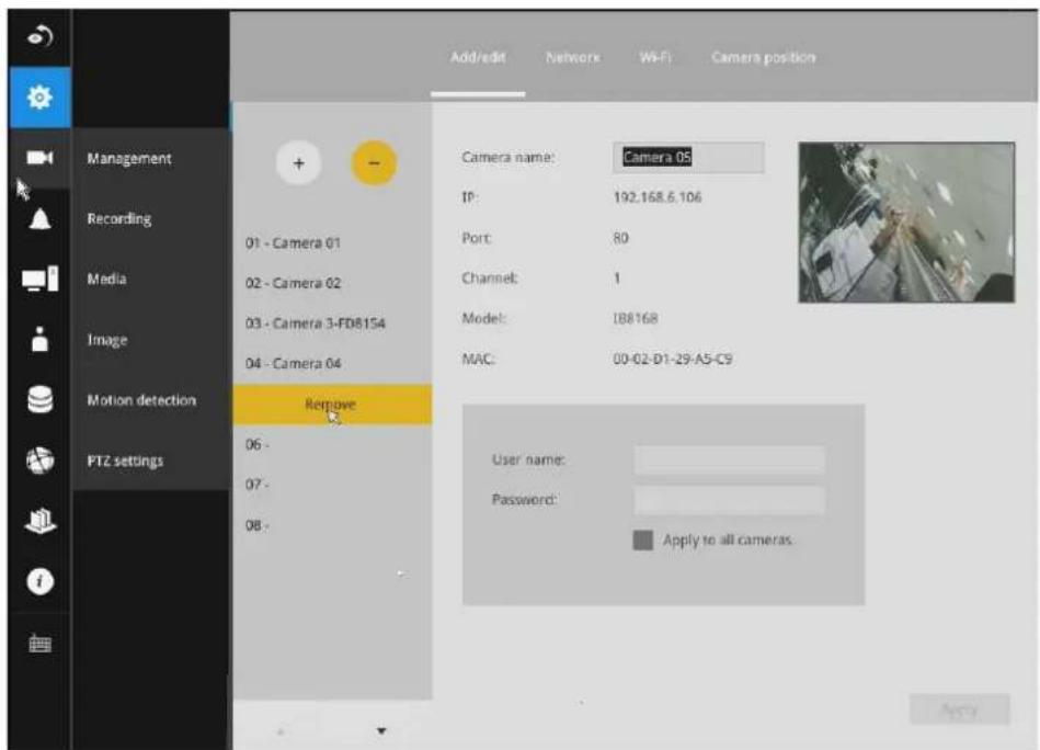 Add/edit Network Wi-Fi Camera position Management Recording Media Image Motion detection PTZ settings 01 - Camera 01 02 - Camera 02 03 - Camera 3-FD8154 04 - Camera 04 Remove 06 - 07 - 08 - Camera name: Camera 05 IP: 192.168.6.106 Port: 80 Channel: 1 Model: IB8168 MAC: 00-02-D1-29-A5-C9 User name: Password: Apply to all cameras.