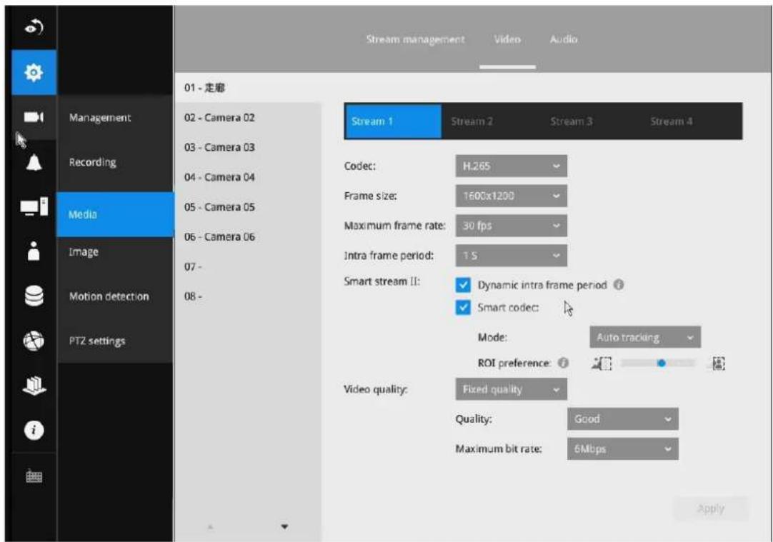 Stream management Video Audio 01 - 走廓 02 - Camera 02 03 - Camera 03 04 - Camera 04 05 - Camera 05 06 - Camera 06 07 - 08 - Media Management Recording Image Motion detection PTZ settings Stream 1 Stream 2 Stream 3 Stream 4 Codec: H.265 Frame size: 1600x1200 Maximum frame rate: 30 fps Intra frame period: 1 S Smart stream II: ✓ Dynamic intra frame period ? ✓ Smart codec: Mode: Auto tracking ROI preference: ✓ Video quality: Fixed quality Quality: Good Maximum bit rate: 6Mbps Apply