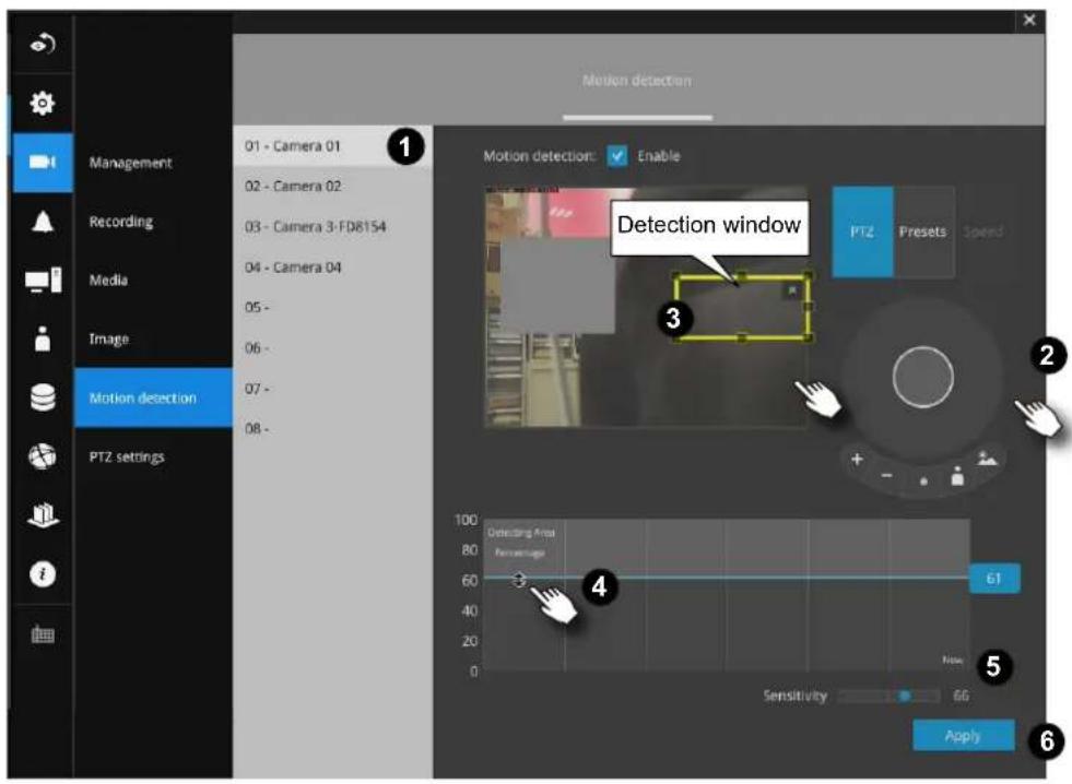 Motion detection Management 01 - Camera 01 02 - Camera 02 03 - Camera 3-FD8154 04 - Camera 04 05 - 06 - 07 - 08 - Motion detection PTZ settings 1 2 Detection window 3 4 100 Defecting Press Percentage 61 Sensitivity Apply 61 PTZ Presets Speed