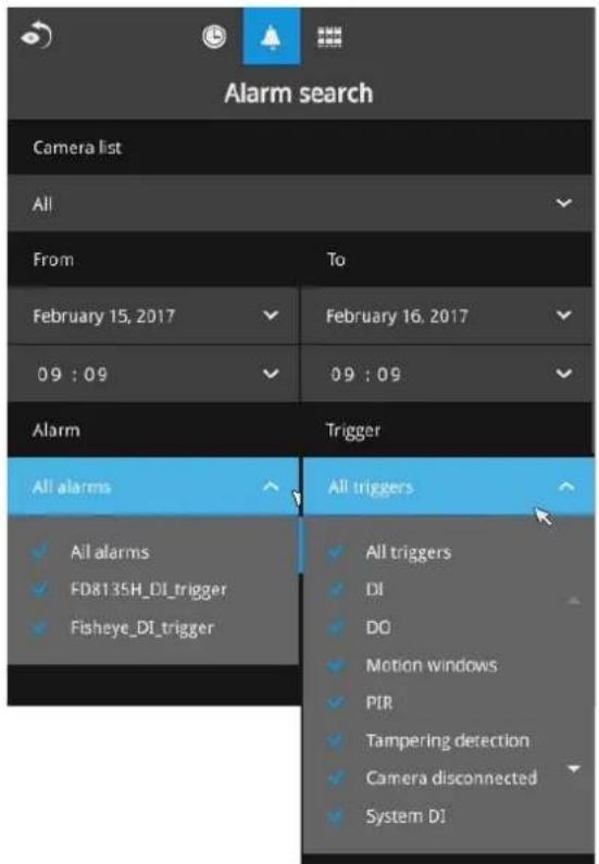 Alarm search Camera list All From To February 15, 2017 February 16, 2017 09 : 09 09 : 09 Alarm Trigger All alarms All alarms FD8135H_DI_trigger Fisheye_DI_trigger All triggers All triggers DI DO Motion windows PIR Tampering detection Camera disconnected System DI