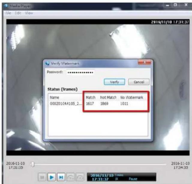 Media Player File Edit View 2016/11/10 17:31:37 Verify Watermark Password: ********** Verify Cancel Status (frames) Name Match Not Match No Watermark 000291C4A105_2... 1617 1869 1011 2016-11-10 17:31:35 2016/11/10 Time 17:31:37 OK Pause