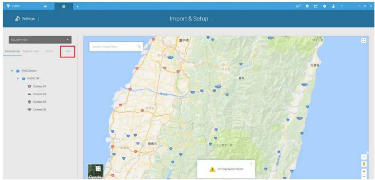 Settings Import & Setup Google Import Sensor Group Program Files Edit GPS Search Design Maps VM3 Station NV9411P Camera 01 Camera 02 Camera 03 Camera 04 晋西县 晋西县 大鱼桥 国家公园 花源路 GPS signal not found