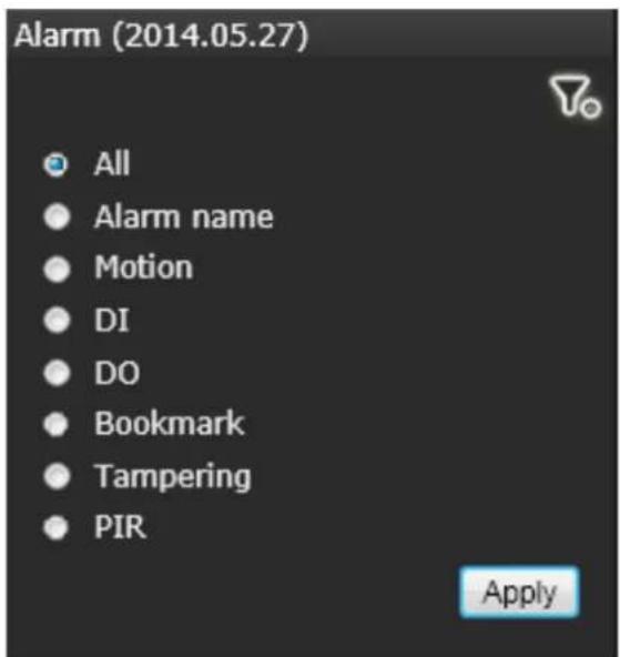 Alarm (2014.05.27) All Alarm name Motion DI DO Bookmark Tampering PIR Apply