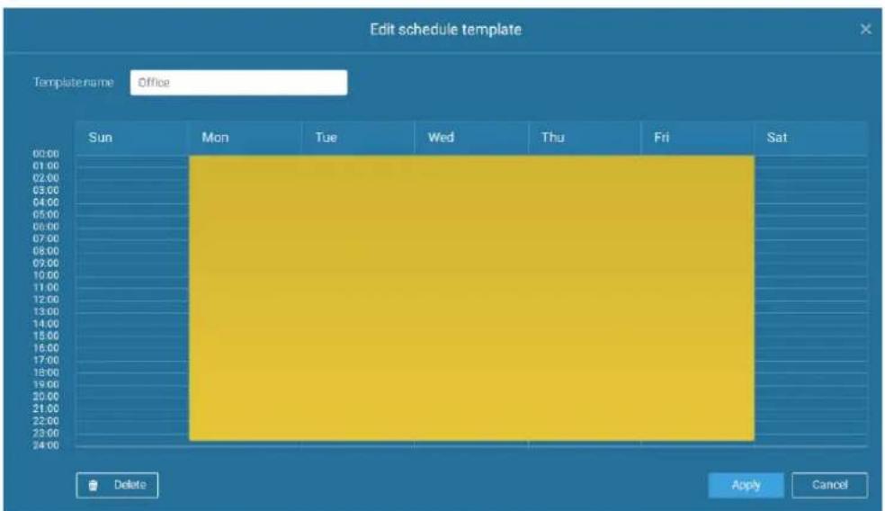Edit schedule template Template name Office Sun Mon Tue Wed Thu Fri Sat 00:00 01:00 02:00 03:00 04:00 05:00 06:00 07:00 08:00 09:00 10:00 11:00 12:00 13:00 14:00 15:00 16:00 17:00 18:00 19:00 20:00 21:00 22:00 23:00 24:00 Delete Apply Cancel