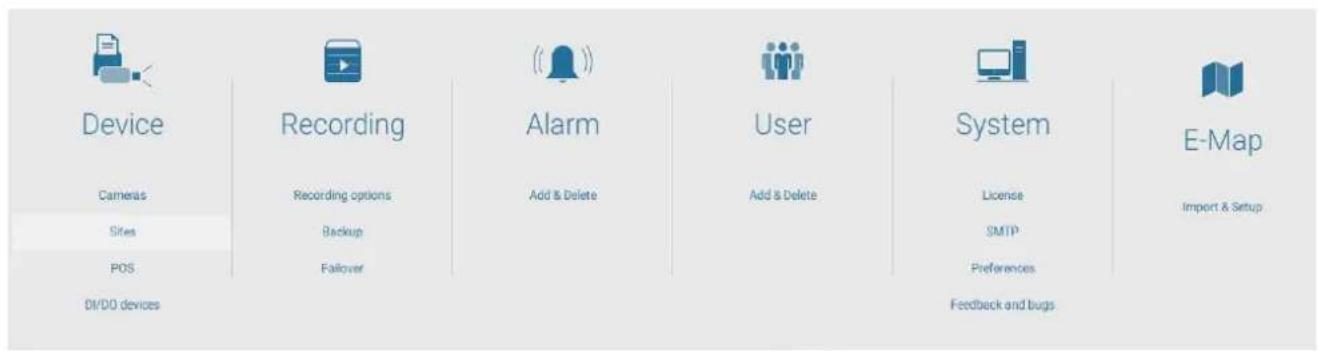 Device Recording Alarm User System E-Map Cameras Recording options Add & Delete Add & Delete License Import & Setup Sites Backup SMTP POS Fallover Preferences DIVDO devices Feedback and bugs