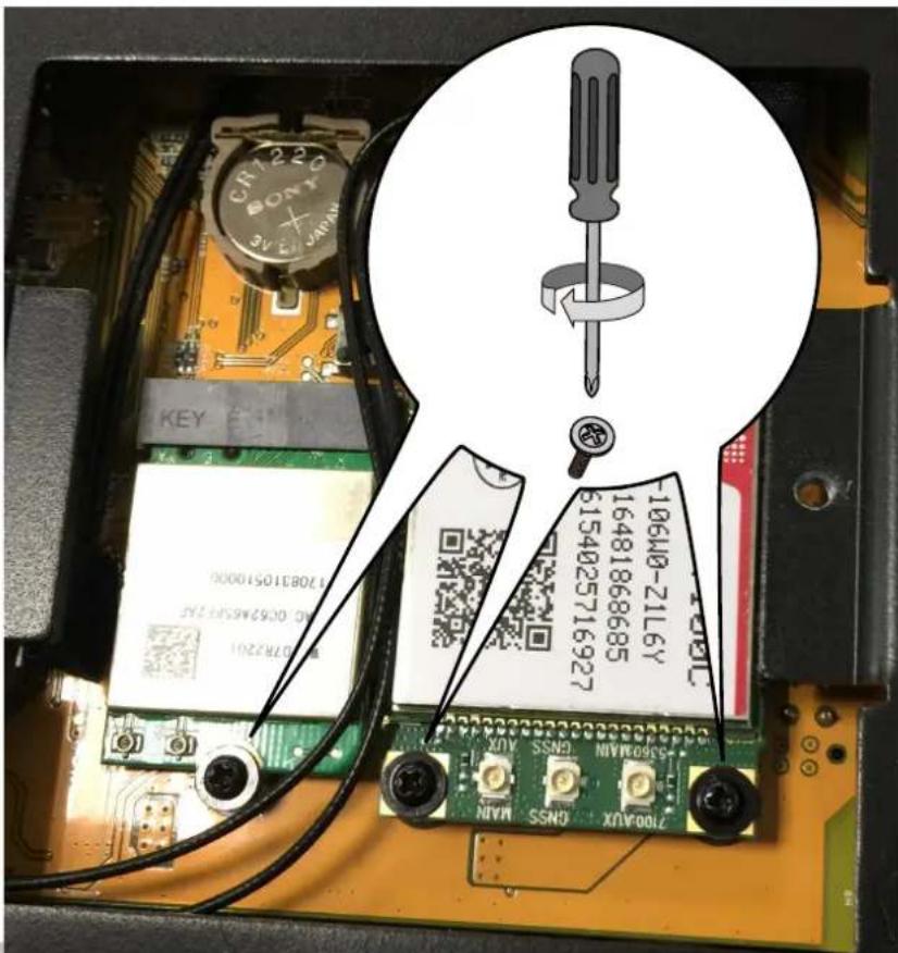Close-up of an electronic circuit board with a magnified inset showing a screwdriver and printed component labels.