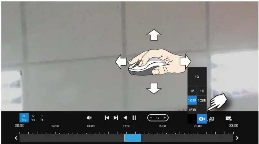 Video editing interface showing a hand holding a computer mouse with playback controls and timeline controls