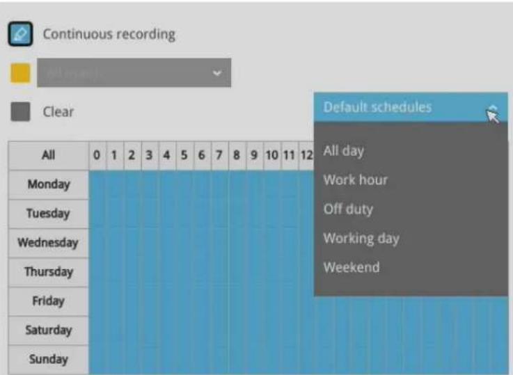 Continuous recording Clear Default schedules All day Work hour Off duty Working day Weekend All Monday Tuesday Wednesday Thursday Friday Saturday Sunday